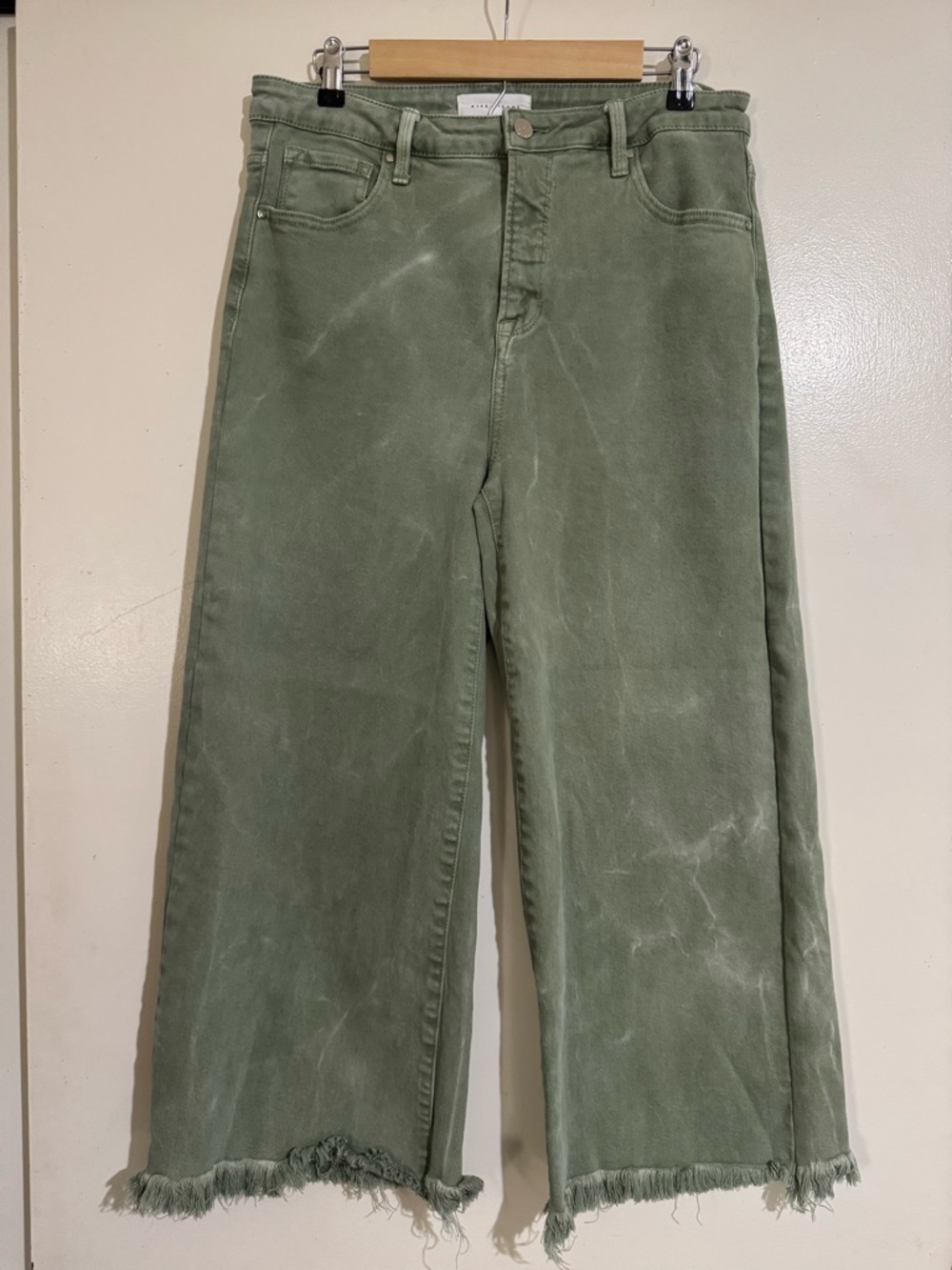 Risen High Rise Tummy Control crop wide leg jeans acid wash green frayed 15/32